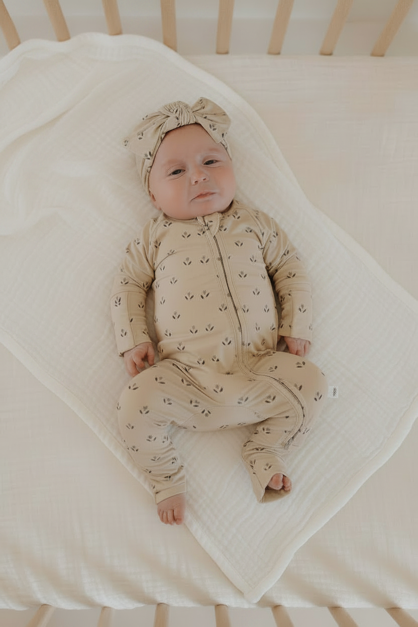 Baby with full-length cream blanket