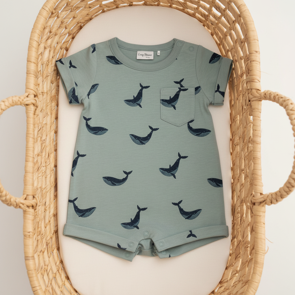 Whale Romper in Moses Basket